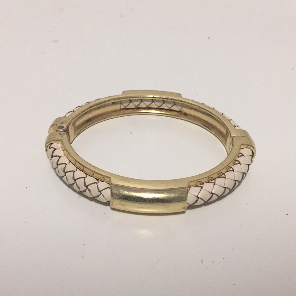 Gold and White Leather Braided Hinged Cuff